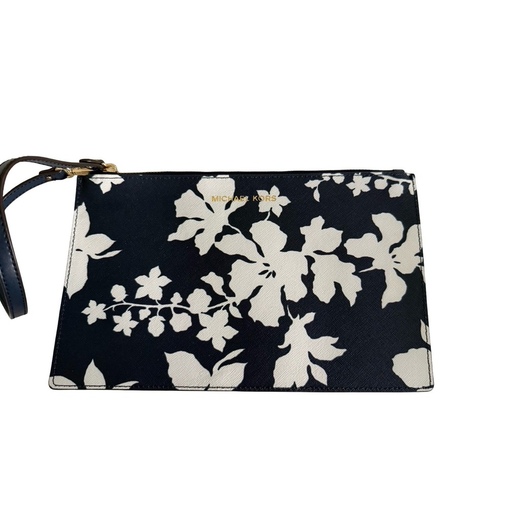 michael Kors blue floral pouch wristlet zipper